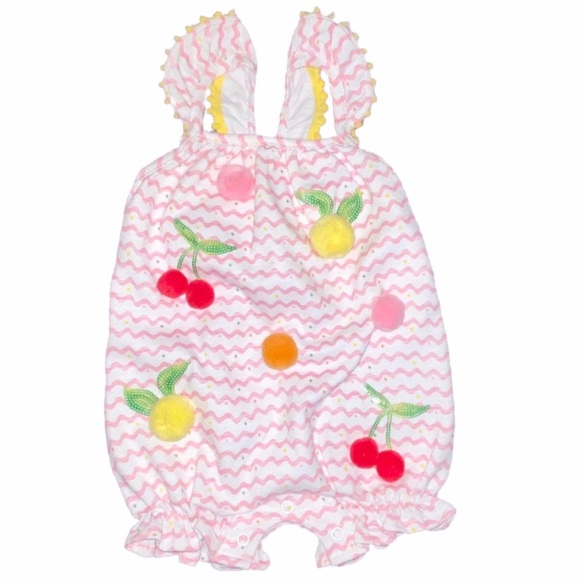 Mud Pie Other - 0/3 MudPie Boutique Fruit Pom Pom Bubble Romper